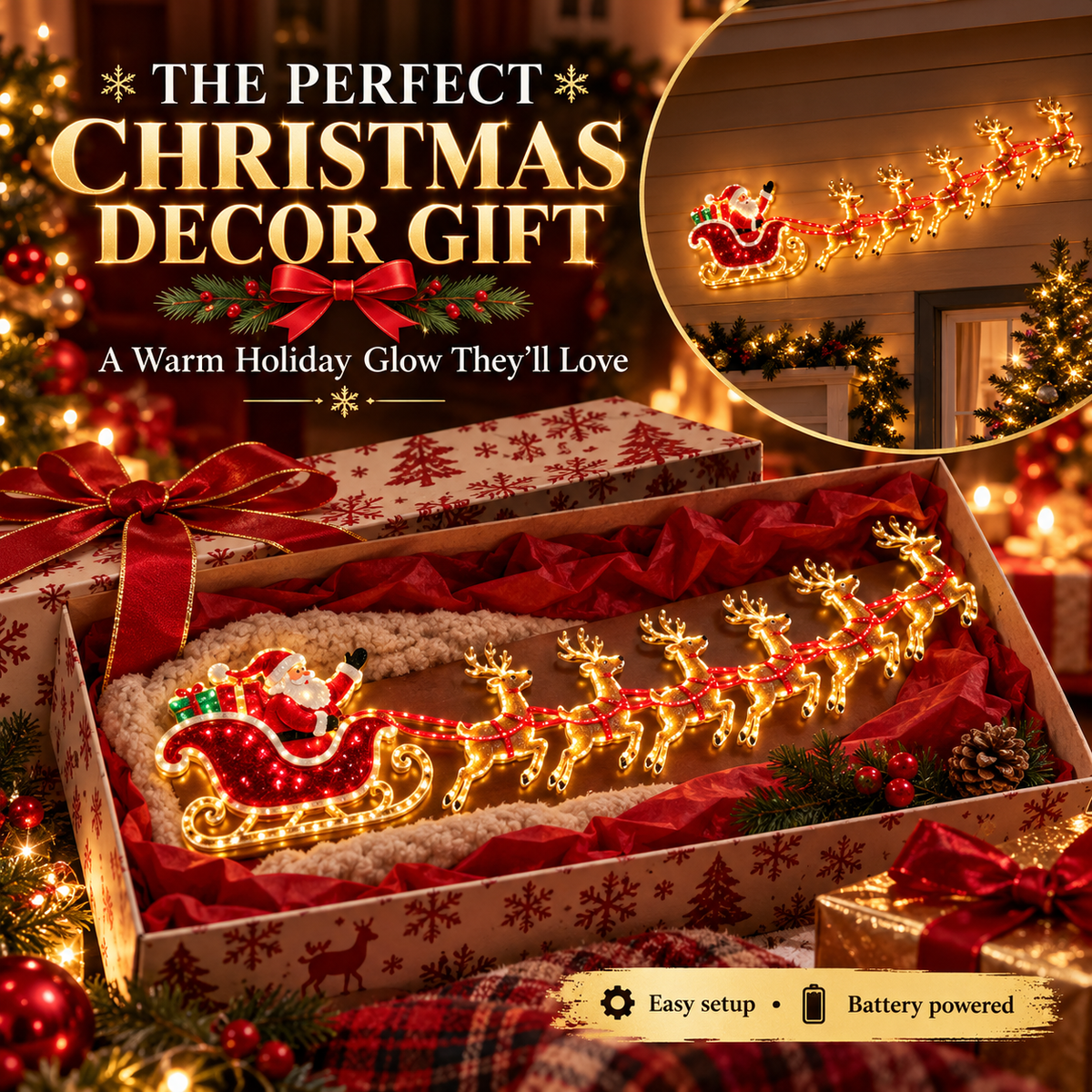🦌Santa Sleigh & 6 Reindeer LED Wall Display- Warm Christmas Glow
